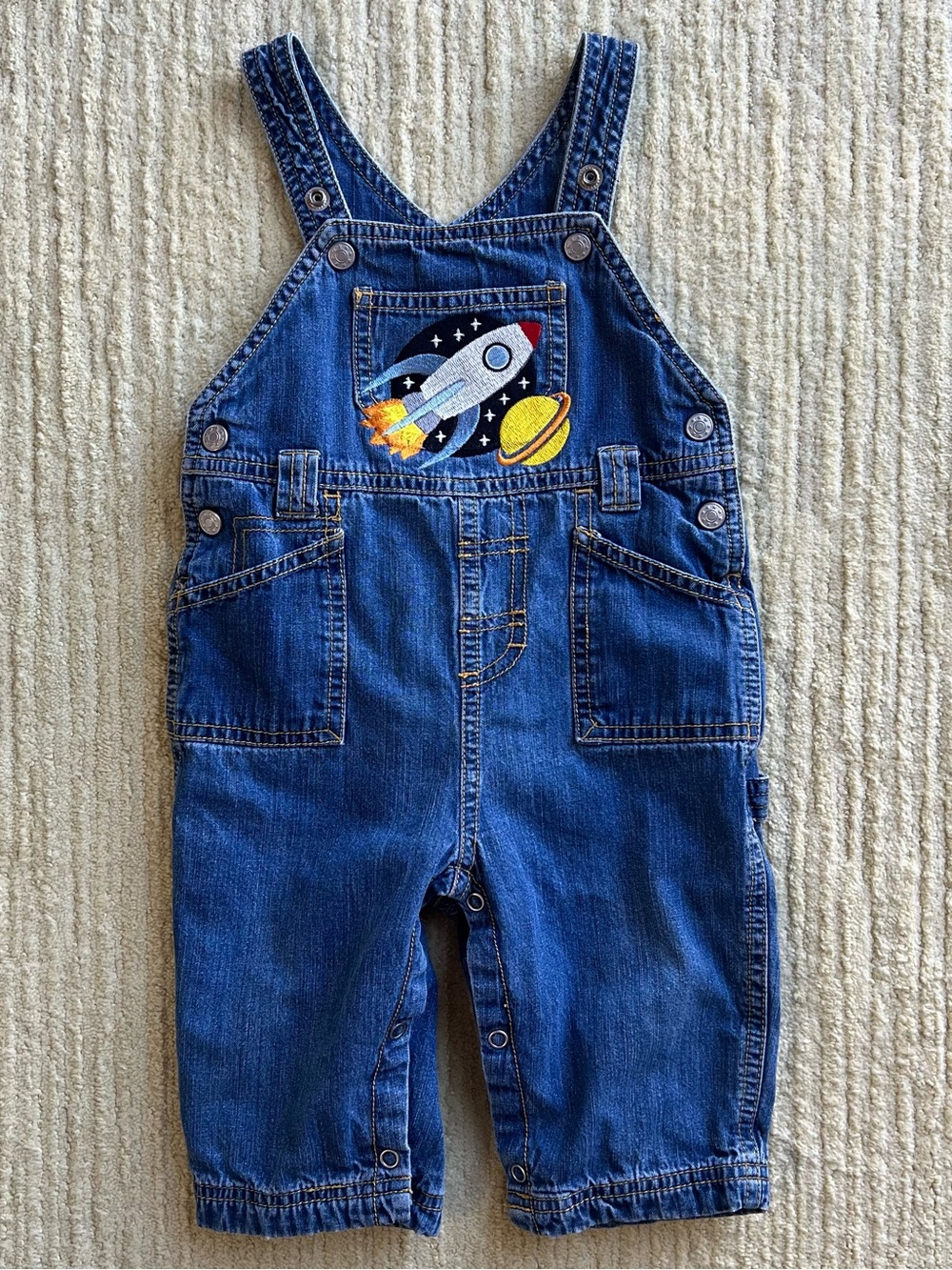 Vintage Baby Denim Overalls with Space Rocket Theme Embroidery